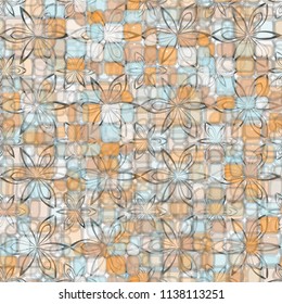 A seamless pattern consisting of translucent overlapping color spots with translucent contours.
Against the background of a texture made of symbolic flowers.