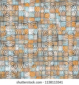 A seamless pattern consisting of translucent overlapping color spots with translucent contours. Against the backdrop of a texture made of four-petalled abstract flowers.