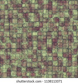 A seamless pattern consisting of translucent overlapping color spots with translucent contours. Against the background of a texture made of concentric squares.