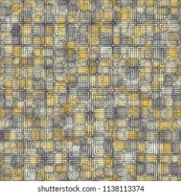 A seamless pattern consisting of translucent overlapping color spots with translucent contours. Against the background of a texture made of concentric squares.