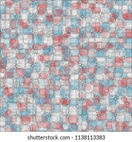 A seamless pattern consisting of translucent overlapping color spots with translucent contours. Against the background of a texture made of concentric squares.