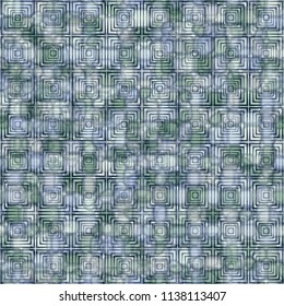 A seamless pattern consisting of translucent overlapping color spots with translucent contours. Against the background of a texture made of concentric squares.