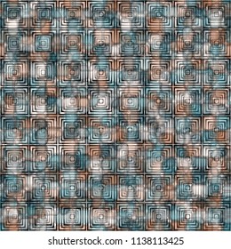 A seamless pattern consisting of translucent overlapping color spots with translucent contours. Against the background of a texture made of concentric squares.