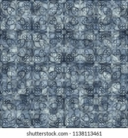 A seamless pattern consisting of translucent overlapping color spots with translucent contours. Against the background of a texture made of four-sided lace objects.