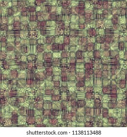 A seamless pattern consisting of translucent overlapping color spots with translucent contours. Against the background of the texture made of cross-shaped square figures.