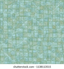 A seamless pattern consisting of translucent overlapping color spots with translucent contours. Against the background of the texture made of cross-shaped square figures.