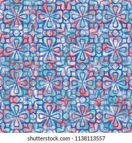 A seamless pattern consisting of translucent overlapping color spots with translucent contours. Against the background of a texture made of cross-shaped fictitious flowers.