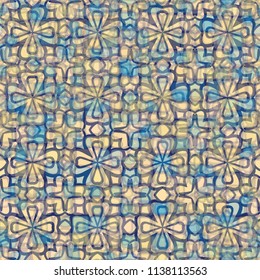 A seamless pattern consisting of translucent overlapping color spots with translucent contours. Against the background of a texture made of cross-shaped fictitious flowers.