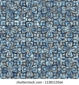 A seamless pattern consisting of translucent overlapping color spots with translucent contours. Against the background of a texture made of cross-shaped fictitious flowers.