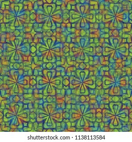 A seamless pattern consisting of translucent overlapping color spots with translucent contours. Against the background of a texture made of cross-shaped fictitious flowers.