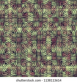 A seamless pattern consisting of translucent overlapping color spots with translucent contours. Against the backdrop of a texture made of four-petalled abstract flowers.