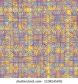 A seamless pattern consisting of translucent overlapping color spots with translucent contours. Against the backdrop of a texture made of four-petalled abstract flowers.