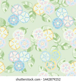 Seamless pattern consisting of triples of carnations and leaves.