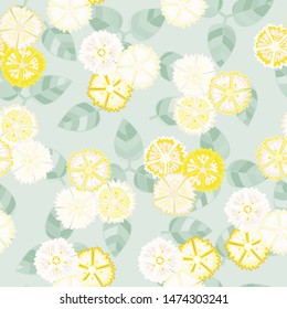 Seamless pattern consisting of triples of carnations and leaves.