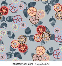 Seamless pattern consisting of triples of carnations and leaves.