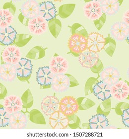 Seamless pattern consisting of triples of carnations and leaves.
