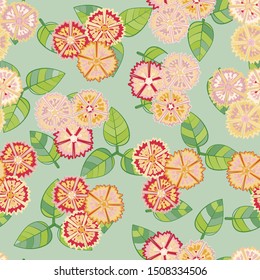 Seamless pattern consisting of triples of carnations and leaves.