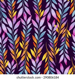 seamless pattern consisting of twigs with colorful leaves on a dark background, watercolor