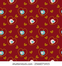 Seamless pattern consisting of two pink and blue birds in a gold heart, gold hearts around on a red background. Ideal for Valentine's Day designs, gift wrapping, and fabric prints.