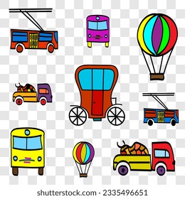 Seamless pattern consisting of vehicles on a transparent background. Transport is depicted in the style of children's drawings, scribbles.