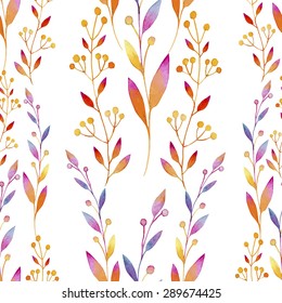 seamless pattern consisting of vines with colorful leaves, vines, stalks with inflorescences watercolor