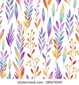 seamless pattern consisting of vines with colorful leaves, vines, stalks with inflorescences watercolor