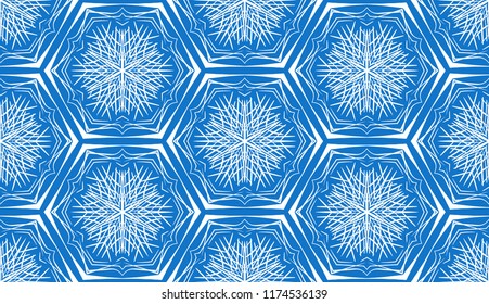 Seamless pattern consisting of white snowflakes on a blue background.