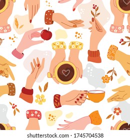 A seamless pattern consisting of women's hands in various gestures and with different objects and without. Flat style. Vector illustration