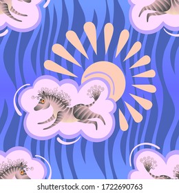 Seamless pattern consisting of zebras, clouds and the sun. Vector graphics