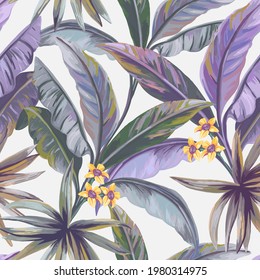 Seamless pattern consists of banana leaves and tropical flowers on a light background.