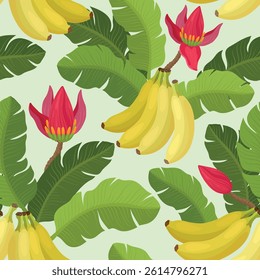 Seamless pattern consists of banana leaves and tropical banana flowers
