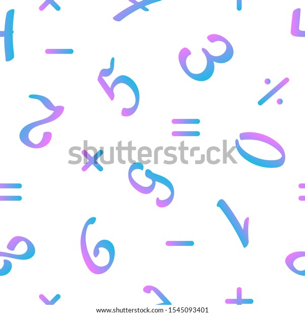 The seamless pattern consists of bright\
numbers - One, two, three, four, five, six, seven, eight, nine,\
zero and signs-plus, minus, multiply, divide. Contemporary flat\
pattern on a white\
background