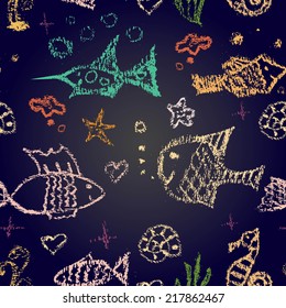 Seamless pattern consists of chalk painted colorful marine inhabitants