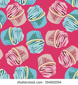 seamless pattern consists of colorful cupcakes. Vector illustration.