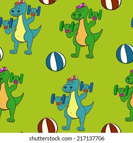 Seamless pattern consists of colorful dinosaurs with dumbbells and balls