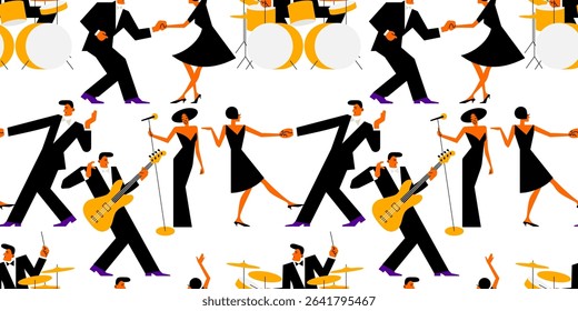 seamless pattern consists of dancing people and musicians with a singer. geometric abstract dancers in flat cartoon style. stock vector illustration. EPS 10.