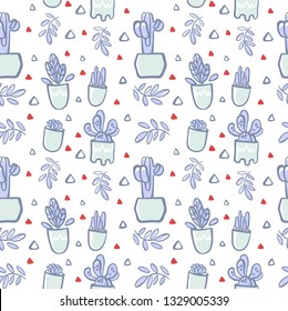 seamless pattern consists of flowerpots which are complemented by triangles and plant elements