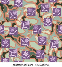 Seamless pattern. Consists of flowers drawn in squares. The background represents marble camouflage. Easy to edit.