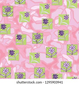 Seamless pattern. Consists of flowers drawn in squares. The background represents marble camouflage. Easy to edit.