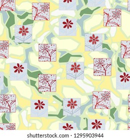 Seamless pattern. Consists of flowers drawn in squares. The background represents marble camouflage. Easy to edit.