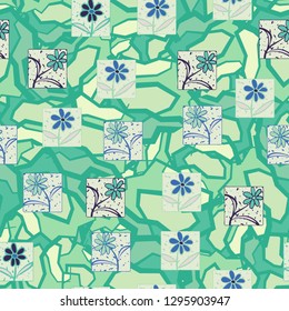 Seamless pattern. Consists of flowers drawn in squares. The background represents marble camouflage. Easy to edit.
