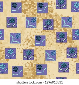 Seamless pattern. Consists of flowers drawn in squares.
The background consists of rounded squares with shades of old paper. Easy to edit. 