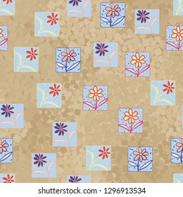 Seamless pattern. Consists of flowers drawn in squares.
The background consists of rounded squares with shades of old paper. Easy to edit. 