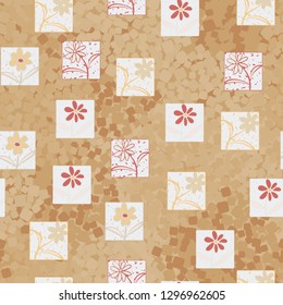Seamless pattern. Consists of flowers drawn in squares.
The background consists of rounded squares with shades of old paper. Easy to edit. 