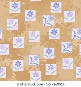 Seamless pattern. Consists of flowers drawn in squares.
Background composed of large blots. Easy to edit.
