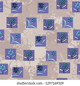 Seamless pattern. Consists of flowers drawn in squares.
Background composed of large blots. Easy to edit.