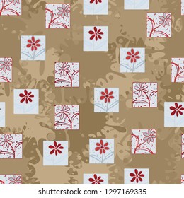 Seamless pattern. Consists of flowers drawn in squares.
Background composed of large blots. Easy to edit.