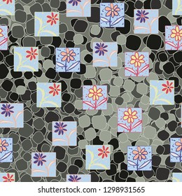 Seamless pattern. Consists of flowers drawn in squares.
Background consisting of uneven rounded quadrangles. Editable.