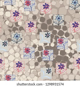 Seamless pattern. Consists of flowers drawn in squares.
Background consisting of uneven rounded quadrangles. Editable.