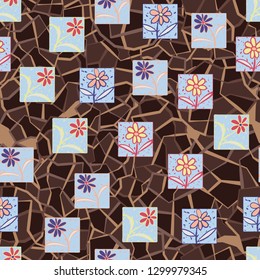 Seamless pattern. Consists of flowers drawn in squares.
The background consists of a marble texture. Editable.